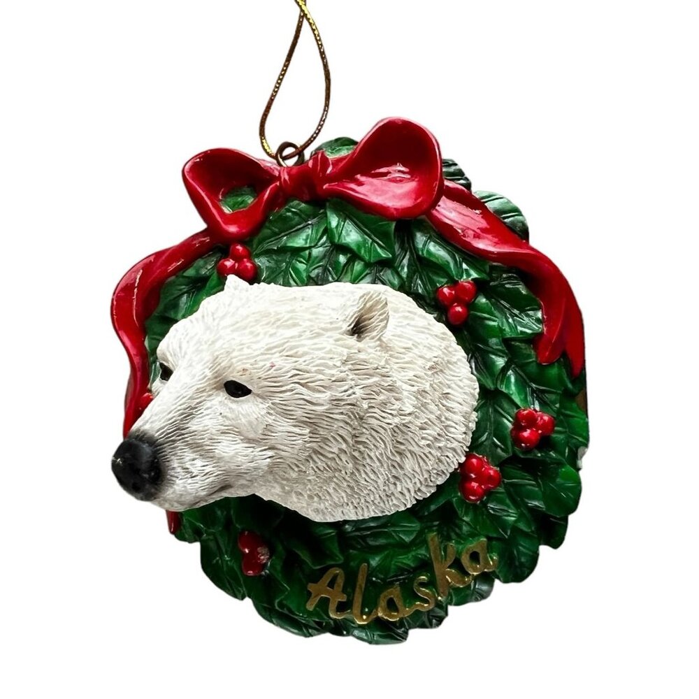 Polar Bear Christmas Ornament Alaska Wreath With Red Bow & Berries - White Green - Picture 3 of 8